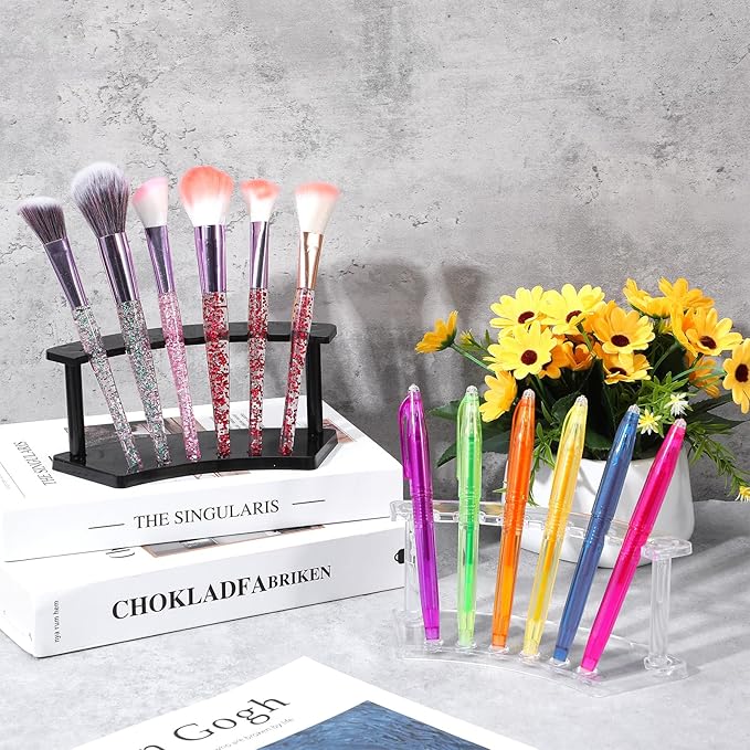 2 Pcs Pen Display Stand, Plastic 6-Slot Pen holder, Pens Stand for Makeup Brush Organizer, Display Rack for Craft Shows, Home Office and Store Use (Clear, Black)