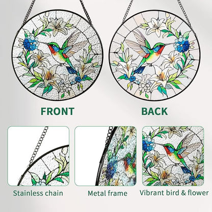 Sun Catcher Stained Glass Window Hanging 8 inch Birds & Flowers Suncatcher Wall Art Home Decor Sun Catchers Decoration for Garden Home Housewarming Gifts