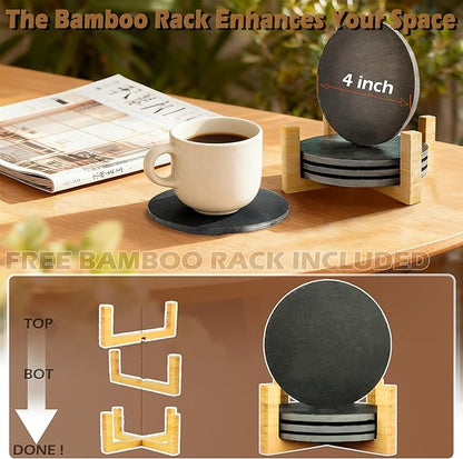 Slate Coasters Set of 4 with Bamboo Holder - Black Round Stone Drink Coasters for Coffee Table, Anti-Scratch Coasters to Protect Wood/Glass Surfaces, Boho Home Decor for Kitchen/Bar/Office (4 Pack)