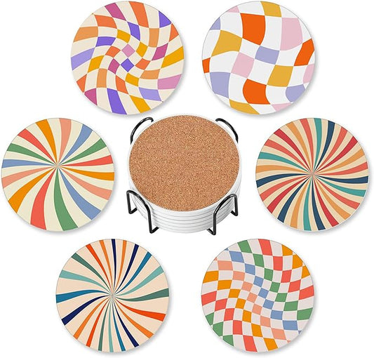 Drink Coasters for Drinks Set of 6,Retro Wavy Absorbent Round Ceramic Stone Mat Coaster, with Cork Base and Metal Holder, Home Bar Decor House Warming Gift