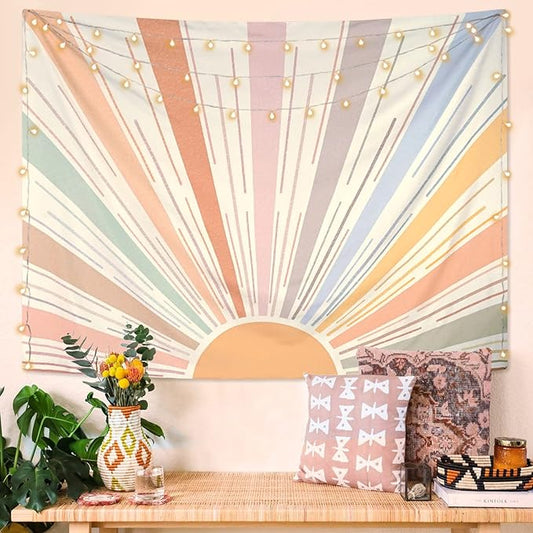 Kanuyee Boho Sun Tapestry Wall Hanging, Retro 70s Abstract Striped Aesthetic Sunrise Vintage Tapestries for Bedroom Living Room 68×90 inch