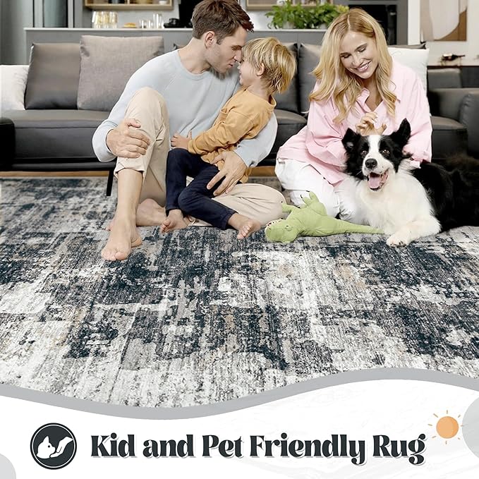 5x7 Area Rugs for Living Room, Washable Modern Abstract Large Area Rug Neutral Soft Non Slip Kids Rug Stain Resistant Indoor Carpet for Bedroom Nursery Dining Room Home Office(BlackGrey, 5'x7')