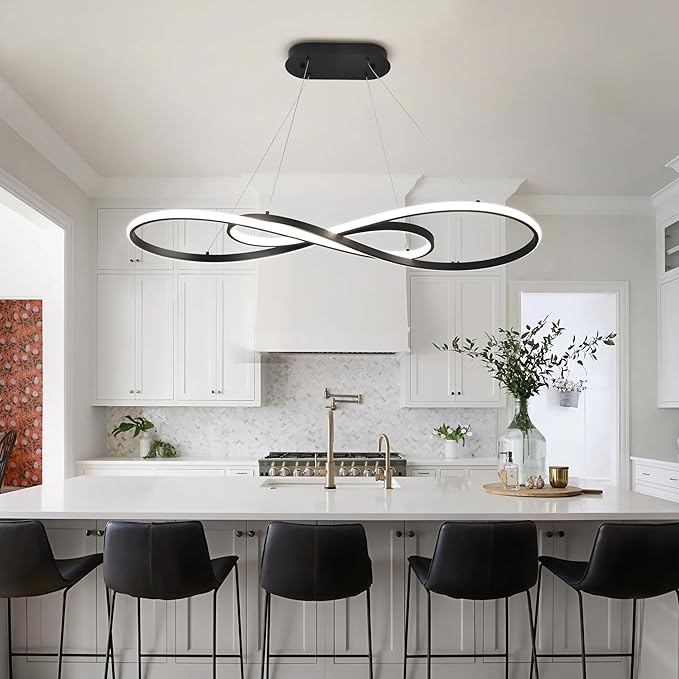 Modern Led Pendant Light, Dimmable Black LED Chandelier for Dining Room Light Fixture Over Table Modern Kitchen Island Lighting, Height Adjustable Ceiling Light