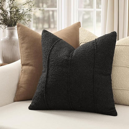 YCOLL Textured Boucle Throw Pillow Covers 22x22 Pack of 2 - Soft Neutral Striped Cushion Covers, Cozy Accent Decorative Pillow Covers for Couch, Sofa, Bed, Living Room (Black)