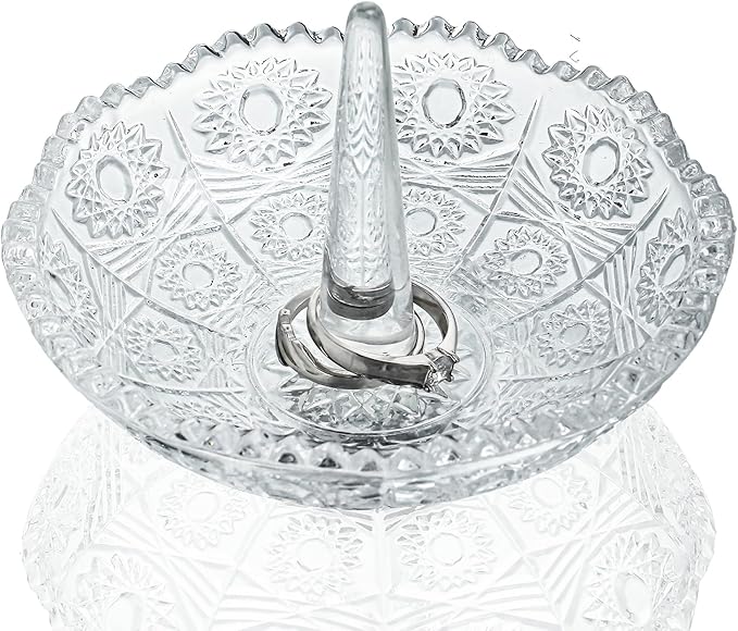 H&D HYALINE & DORA Crystal Ring Holder Dish, Clear Glass Ring Holder for Jewelry,Round Jewelry Holder Tray for Rings Earrings Necklace Organizer