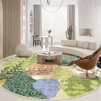 DEXDE Large Round Rug 9ft Washable Circle Area Rugs Non Slip Low Pile Boho Floral Circular Carpet for Bedroom Bathroom Entryway Kids Room Office Dining Room,Green