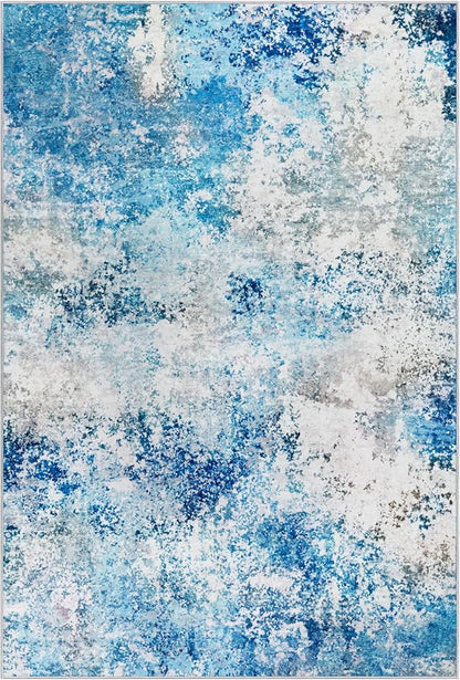 8x10 Area Rugs Living Room Rug - Washable Neutral Modern Abstract Large No Slip Soft Thin Rug Indoor Floor Carpet for Bedroom Under Dining Table Home Office Nursery Room - Blue White
