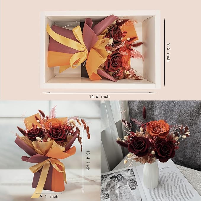 HUACHIPLUS Preserved Rose Bouquets: Fresh Flowers Bouquet- Romantic Gifts for Mom Wife Girlfriend Women-Flowers for Delivery Prime on Valentines Day Anniversary Mothers Day Birthday (Ancora Red)