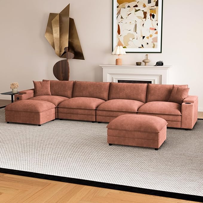 148.7" U Shaped Cloud Sofa Couch with Ottoman, Storage Armrest, Cup Holders, USB & Type-C Ports, Spring Cushions, Solid Wood Frame, Chenille Modular Sectional for Living Room (Coffee-U-148.7")