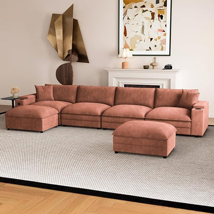 148.7" U Shaped Cloud Sofa Couch with Ottoman, Storage Armrest, Cup Holders, USB & Type-C Ports, Spring Cushions, Solid Wood Frame, Chenille Modular Sectional for Living Room (Coffee-U-148.7")