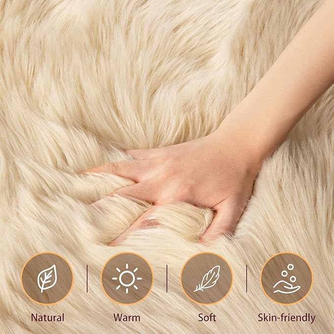Ciicool Faux Fur Rug for Bedroom, Beige Fluffy Shag Rugs for Sofa Couch Seat Cushion, Washable Fuzzy Runner Thick Fur Area Rug Floor Carpets for Bedside Living Room, 2x6 Ft Rectangle