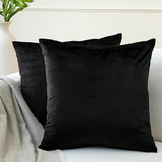 Encasa XO Velvet Throw Pillow Covers 22x22 in (55x55 cm) - Black - No Inserts, Pack of 2 Cases | Solid Plain Dyed Soft & Smooth, Square Decorative Cushion Covers for Living & Bedroom