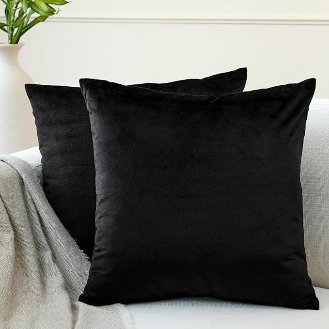 Encasa XO Velvet Throw Pillow Covers 18x18 in (45x45 cm) - Black - No Inserts, Pack of 2 Cases | Solid Plain Dyed Soft & Smooth, Square Decorative Cushion Covers for Living & Bedroom