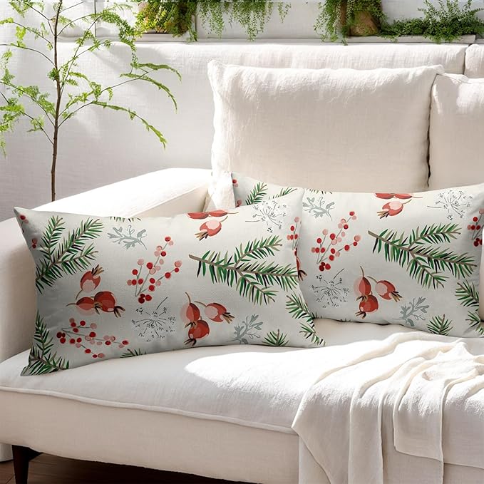 Beige Christmas Lumbar Pillow Covers 12x20 Set of 2 Green Red Xmas Twigs Rustic Decorative Outdoor Farmhouse Zipper Pillowcases Decorations Winter Holiday Throw Cushion Cover Decor for Couch Sofa Bed