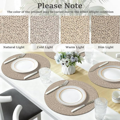 Round Placemats Set of 6, Cotton Rope Woven Table Mats, Hot Pads for Kitchen, Non Slip Heat Resistant Place Mats, 13 Inches Braided Placemat for Farmhouse Decor and Kitchen Table Decor (Brown)
