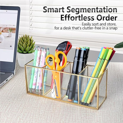 Pencil Holder for Desk,Tempered Glass Pen Holder,3&4 Compartments,Desktop Storage Organizer for Office Supplies,School Supplies,Pens,Markers,Pencils,Scissors,Paperclips (Gold, 4 compartments)