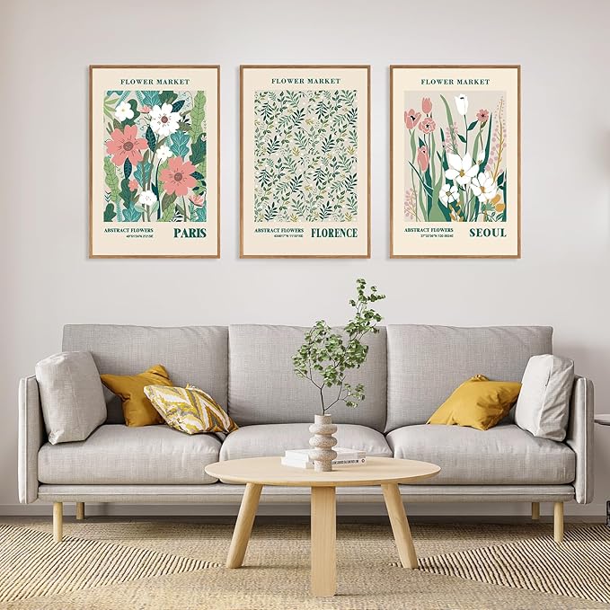 HLNIUC Flower Market Wall Art Prints, Boho Floral Wall Decor, Large Matisse Sage Green 16"x24" Framed Art Set of 3, Abstract Colorful Botanical Painting for Living Room, Bedroom, Office