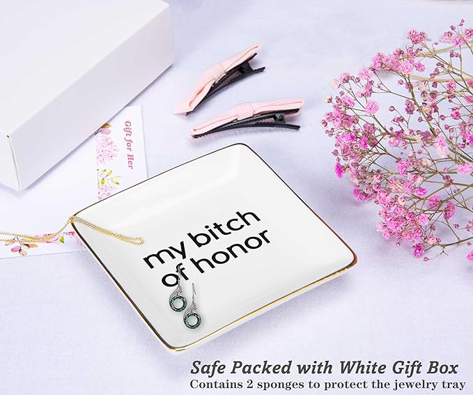 NZY Maid Of Honor Proposal Gifts from Bride-Wedding Gifts-Bachelorette Party Present For Her Besties Friends Women-Jewelry Tray Trinket Holder Ring Dish-My Bitch Of Honor-Will You Be My Maid of Honor
