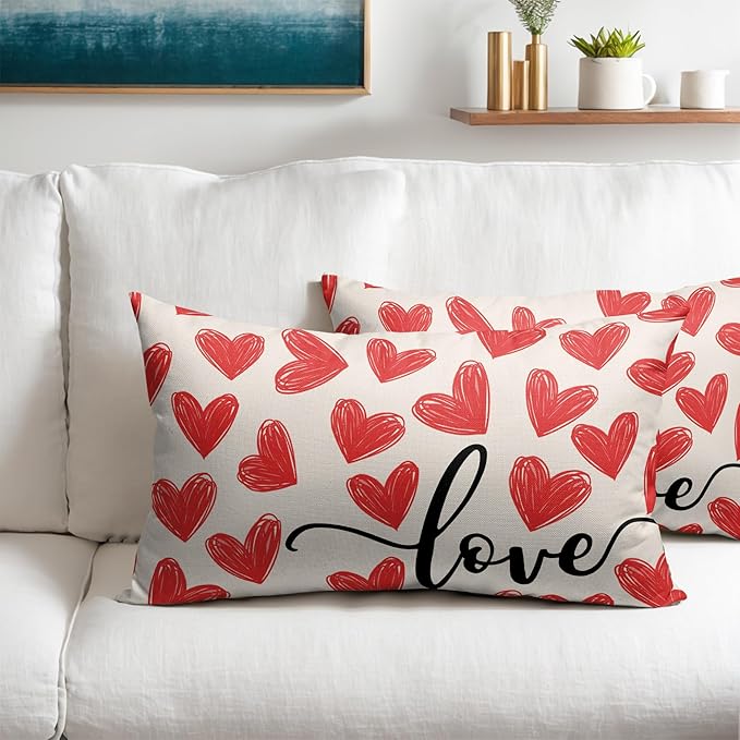 Valentines Day Pillow Covers 12x20 Set of 2 Red Heart Throw Pillow Covers Love Pillowcase Linen Decoration Farmhouse Holiday Cozy Soft Cushion Case Couch for Indoor Outdoor Home Decor