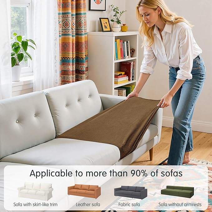 Hokway Stretch Couch Cushion Covers, 3 Piece Individual Sofa Cushion Slipcovers，Jacquard Sofa Seat Slipcover Set, Non-Slip Protector for Cushion (Coffee,Small-3PC)