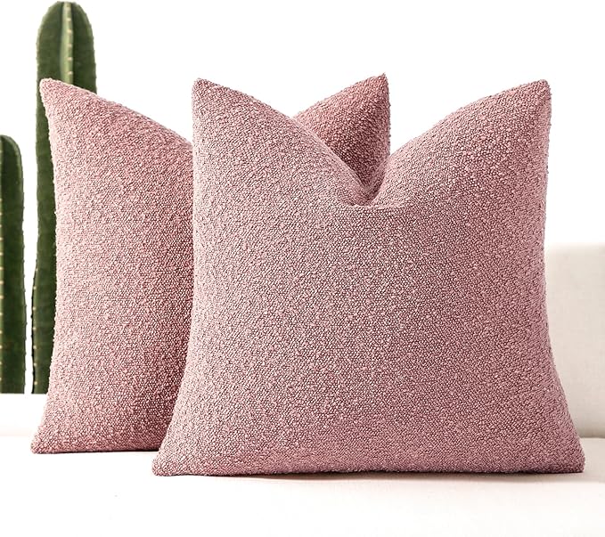 Boucle Decorative Throw Pillow Covers for Couch Set of 2, 24x24 inches, Pink