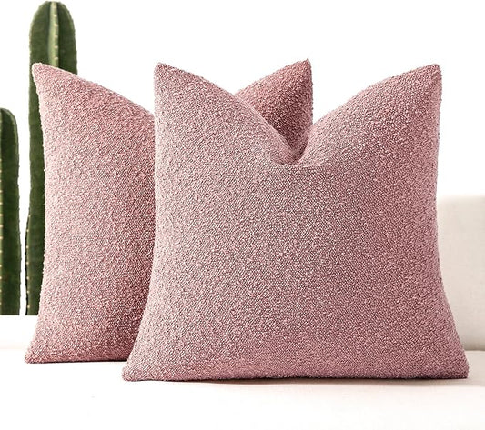Boucle Decorative Throw Pillow Covers for Couch Set of 2, 24x24 inches, Pink