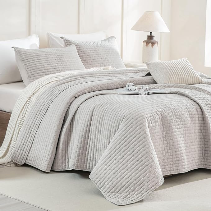 Sanracie Stonewashed Cotton Oversized King Bedspread(128"x120"), Soft Light Wheat Color Extra Large Wide Oversized Quilt Sets Cross Stitch Lightweight Crinkle Coverlet Set 3Pcs for All Season