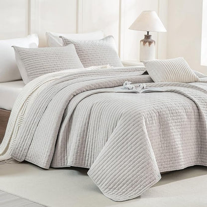 Sanracie Stonewashed Oversized King Quilt(120"x120"), Cotton Light Wheat Color Cross Stitch Pattern California King Quilt Set 3Pcs Ultra Soft Lightweight Crinkle Bed Coverlet Set for All Season