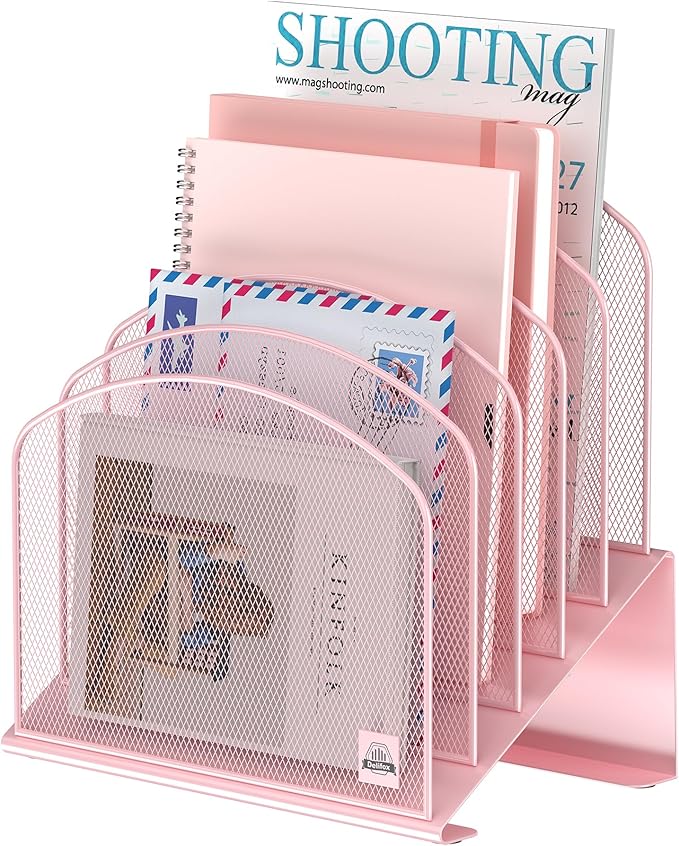 Inclined Desk File Organizer, 5-Section Vertical File Folder Holder Stand Metal Rack File Sorter for Office Classroom Desktop Organization (Pink, 1Pack)