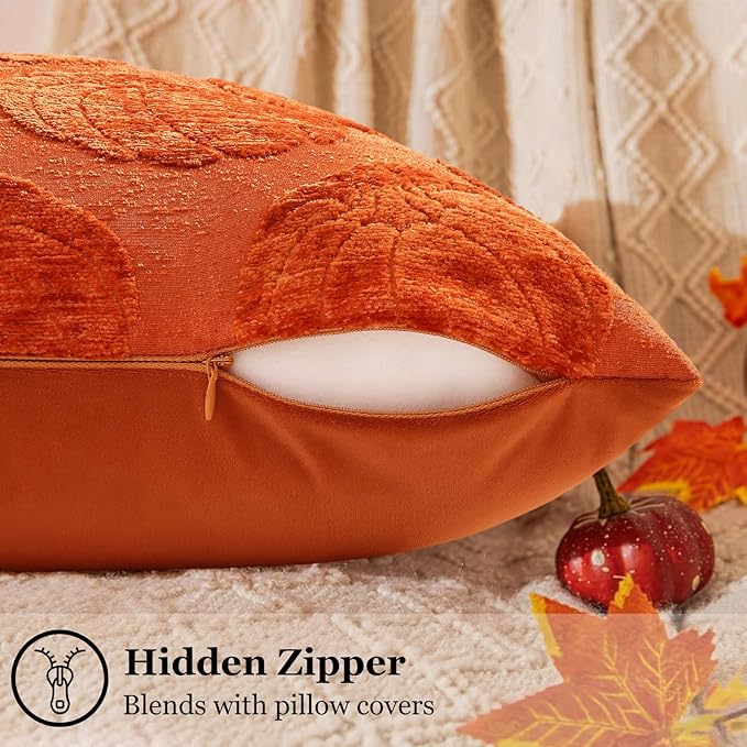 decorUhome Decorative Rust Pumpkin Thanksgiving Throw Pillow Covers 20x20 Set of 2, Soft Chenille Jacquard Farmhouse Textured Pillow Covers for Couch Bed Sofa Autumn Harvest Halloween Holiday