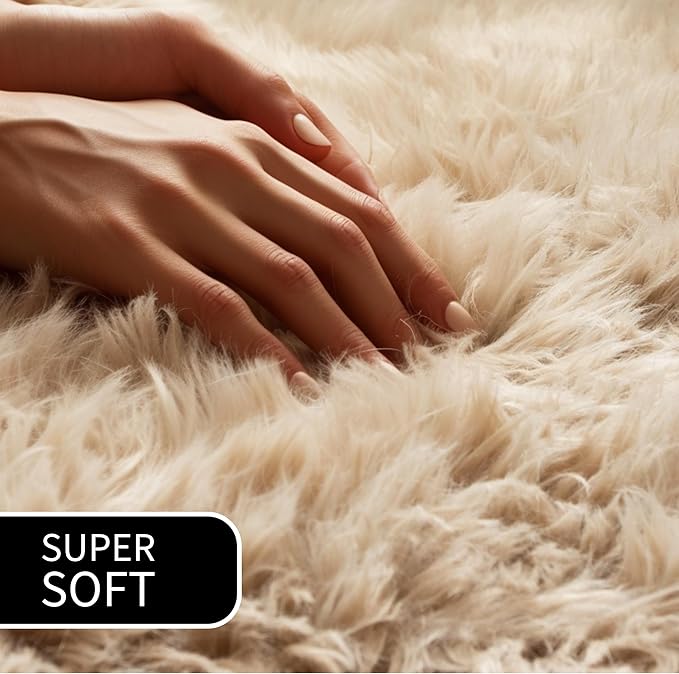 Super Area Rugs Ultra Soft & Fluffy Faux Sheepskin Rug, Light Brown 5 x 7 Feet Carpet for Bedroom Living Room