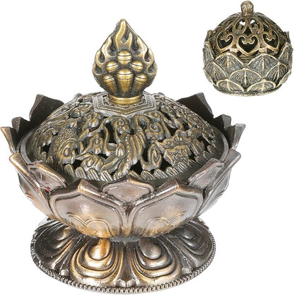 2 Pcs Small Vintage Lotus Flower Incense Holder 2.9'' x2.7'' and 1.1'' x 1'' Super Mini Classic Lotus Incense Burner with Lid Elegant Desktop Ornament for Home Office Yoga Spa Teahouse(2 Size)