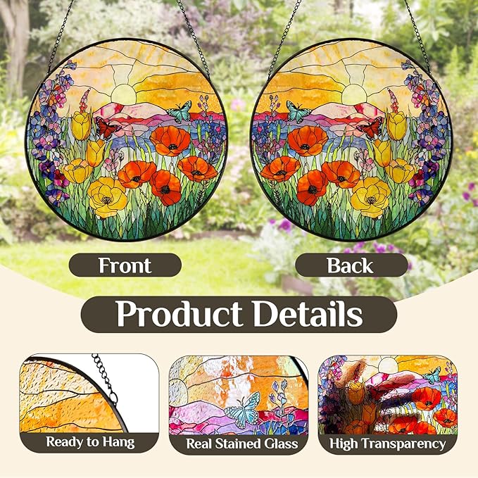Stained Glass Window Hanging Sunrise Suncatcher, Renyalora 10 Inch Round Wildflower Glass Sun Catcher for Window Wall Art for Home, Patio, Porch, Outdoor Garden Décor Gift for Nature Lovers & Women