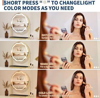 IDEALHOUSE Mirror with Lights, Three Color Adjustable LED Lighting, Removable Storage Case, 360° Rotation, Smart Touch Controls, Suitable for Desks/Bedrooms, Easy Assembly, Gold