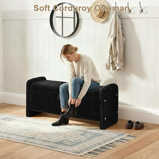 44" Storage Ottoman Bench, Upholstered End of Bed Storage Benches, Rectangle Ottoman with Storage for Bedroom, Entryway, Corduroy Black