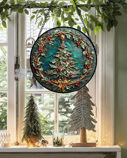 DASTOLL Stained Glass Window Hangings - Red Gold Green Wreath Suncatcher for Door Home Christmas Tree Decoration Sun Catcher Thanksgiving New Year Birthday Gift for Women Men Mom Grandma 15 in