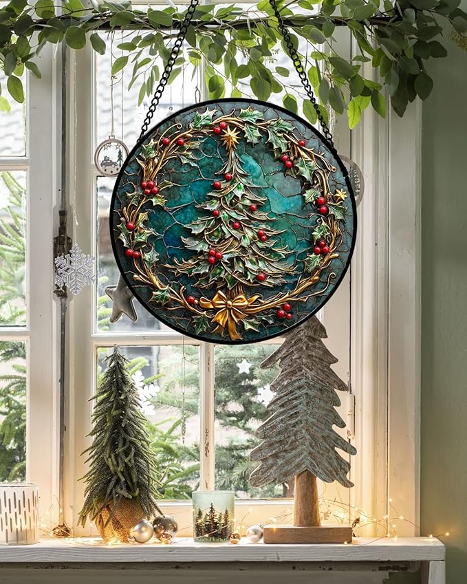 DASTOLL Stained Glass Window Hangings - Red Gold Green Wreath Suncatcher for Door Home Christmas Tree Decoration Sun Catcher Thanksgiving New Year Birthday Gift for Women Men Mom Grandma 6.3 in