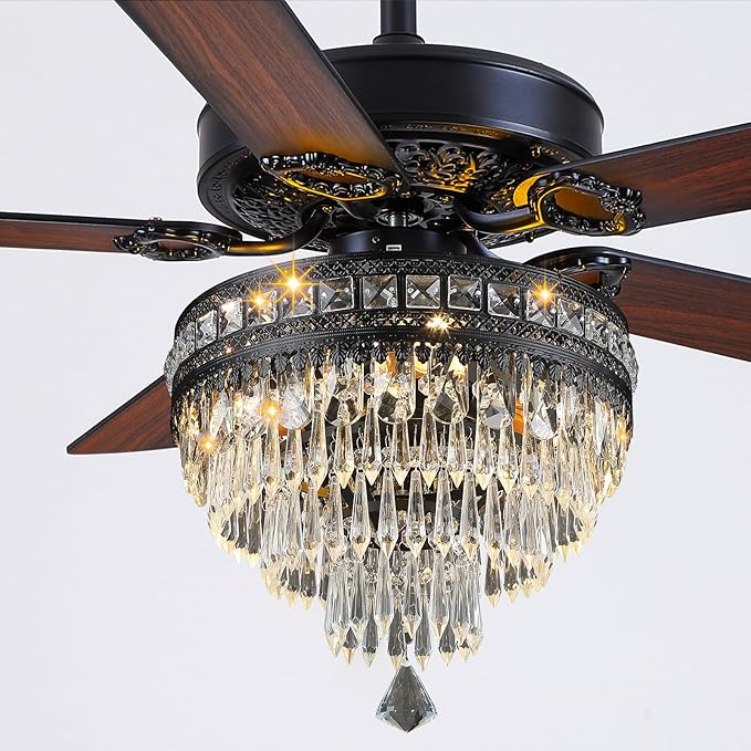 Asyko Crystal Ceiling Fan Fandelier with Lights - Modern Outdoor Fans with Remote Control，Noiseless DC Motor, Retro/Farmhouse Lighting, Dining Room， Living Room (62")
