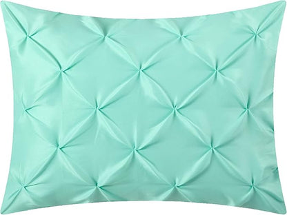 EVOLIVE 4pc Set Pinch Pleat/Kiss Pleat, Pintuck Down Alternative Comforter Set with Pompom (Full/Queen, Mint)
