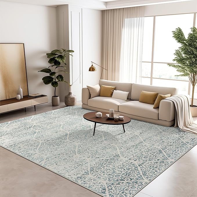 10x14 Area Rugs for Living Room Large Washable Rugs for Bedroom Floral Vintage Non-Slip Thin Area Rug Indoor Home Office Decor Light Blue