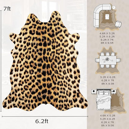 AROGAN Premium Leopard Print Rug 6.2x7 Feet, Faux Fur Cheetah Rug, Non-Slip Animal Print Hide Leopard Skin Area Rug for Bedroom Living Room Home Decor
