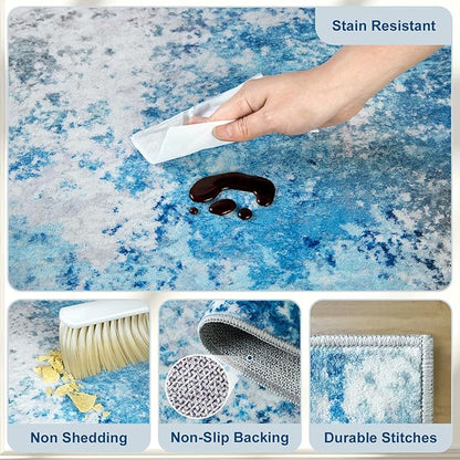 9x12 Area Rugs Living Room Rug - Washable Neutral Modern Abstract Large No Slip Soft Thin Rug Indoor Floor Carpet for Bedroom Under Dining Table Home Office Nursery Room - Blue White