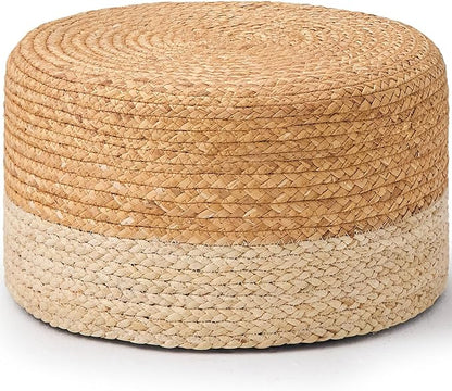 Wimarsbon Round Pouf Ottoman, Natural Hand Knitted Footrest Poof, Rustic Lounge Pouffe, Boho Pous Foot Stool, Accent Table or Seat (Natural Water Hyacinth + White Corn Husk, 17.7 * 17.7 * 9.84)