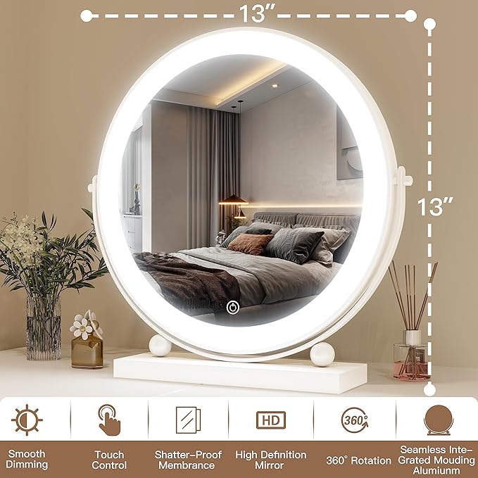 ROLOVE 13 Inch Vanity Mirror with Lights, Round Make Up Mirror with Lighting, LED Mirror Makeup Mirror with Lights for Bedroom Tabletop, Smart Touch Control, 360° Rotation (White)