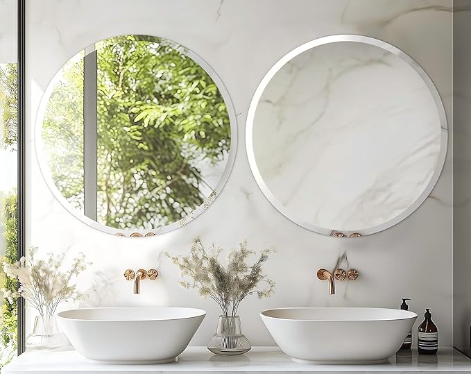 Frameless Round Wall Mirror: Decorative Mirrored Glass Vanity with Beveled Silver Edge for Bathroom Bedroom Livingroom Dining Room Entryway Hallway, 24 x 24 inch