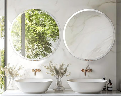 Frameless Round Wall Mirror: Decorative Mirrored Glass Vanity with Beveled Silver Edge for Bathroom Bedroom Livingroom Dining Room Entryway Hallway, 32 x 32 inch