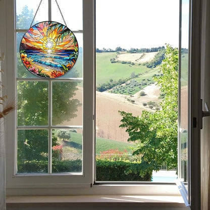 Beach Sunset Sun Catcher Stained Glass Window Hanging 9.8'', Beach Lovers Gifts for Women Kitchen Decor Landscape Decoration for Home Garden Housewarming Gifts