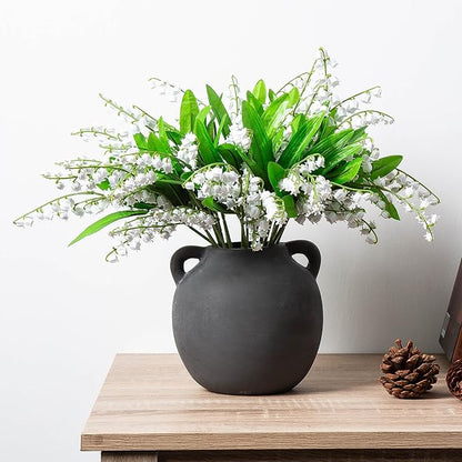 Black Vase Home Decor - 6in Ceramic Vase for Flowers - Small Round Vases for Decor - Farmhouse Vases for Pampas Grass, Decorative Vase for Bouquet, Lyeec Clay Pottery Rustic Terracotta Vase