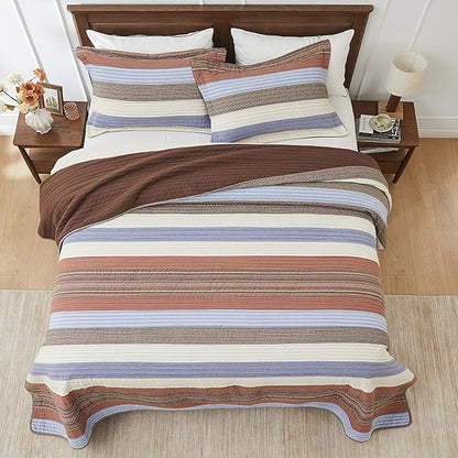 SahSahCasa 100% Cotton 120"x120" Oversized California King Bedspread Coverlet Quilt Set, Cal King Quilted Striped Bedspread Extra Large Reversible XL Bed Spread Lightweight Comforter, Brown