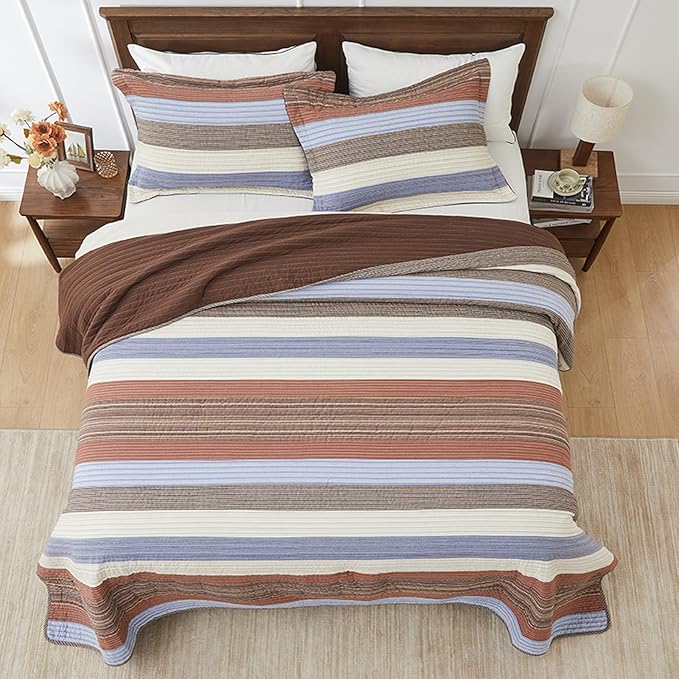 SahSahCasa 100% Cotton 120"x102" Oversized Bedspread Coverlet Quilt Set, Oversized Quilted Striped Bedspread Reversible Extra Large Quilt, XL Bed Spread Lightweight Comforter, 3pc, Brown/Multicolor
